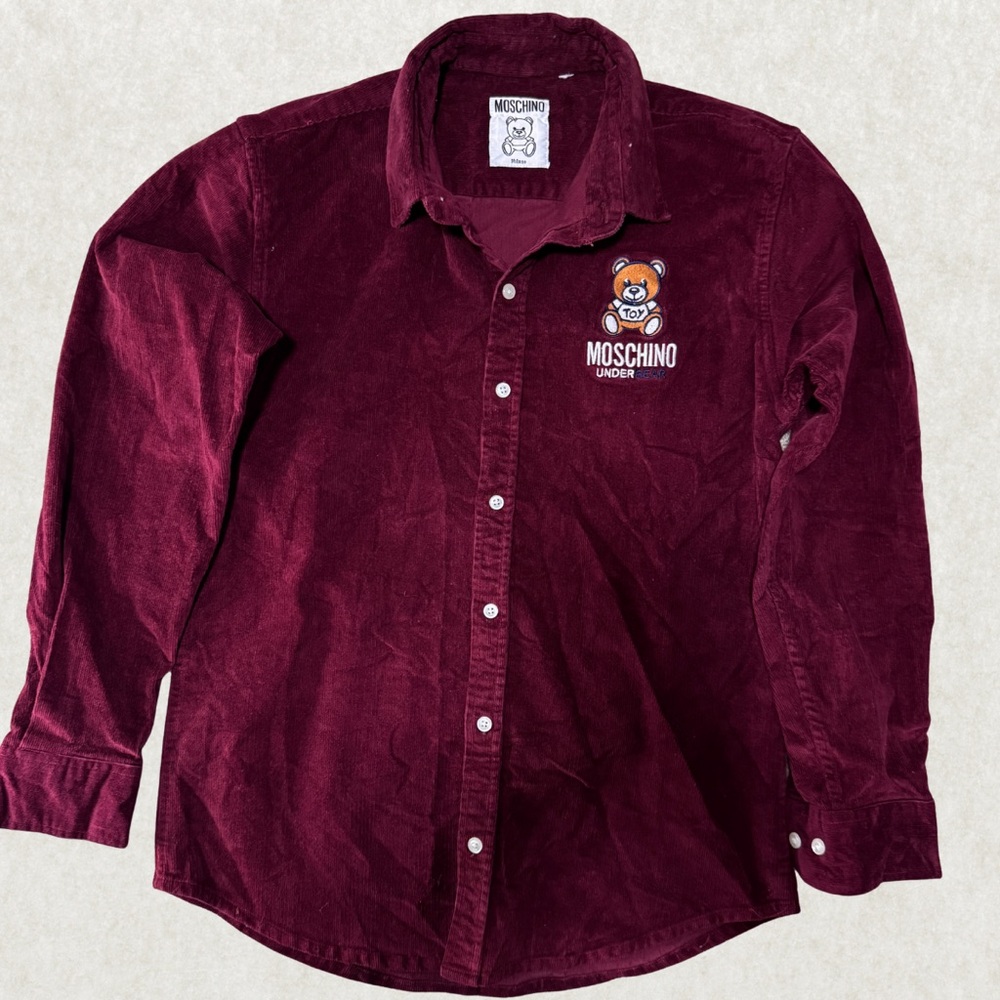 Moschino Men’s Velvet Shirt – Size M, Burgundy Corduroy Button-Up